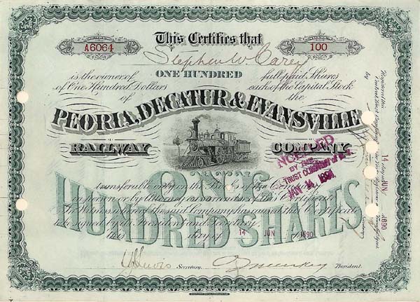 Peoria, Decatur and Evansville Railway - Stock Certificate