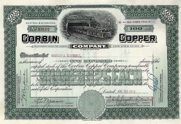 Corbin Copper Co. - Stock Certificate