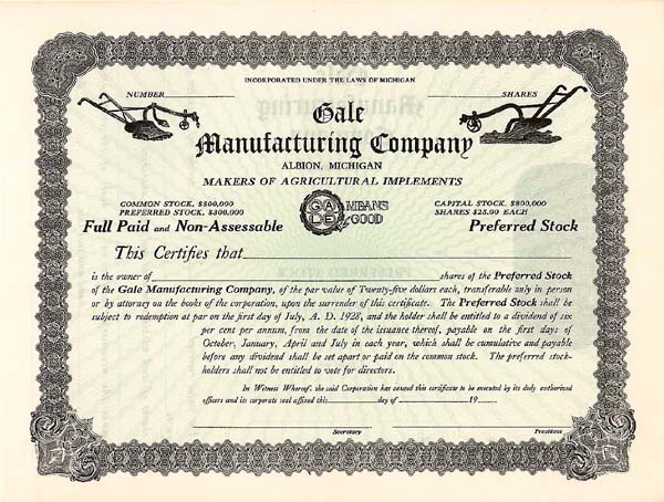 Gale Manufacturing Co - Stock Certificate