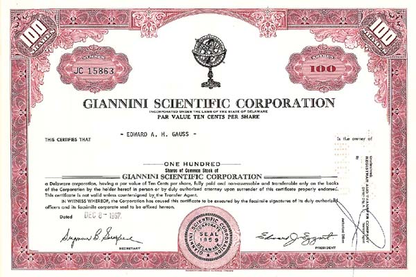 Giannini Scientific Corporation - Stock Certificate