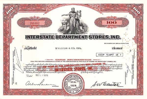 Interstate Department Stores, Inc - Stock Certificate