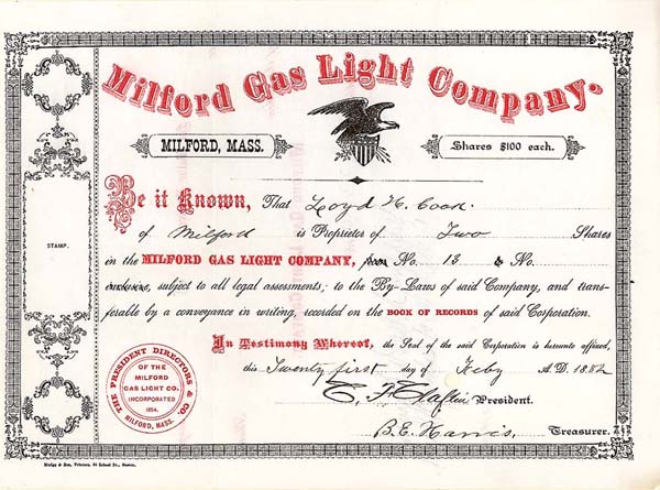 Milford Gas Light Co. - Stock Certificate