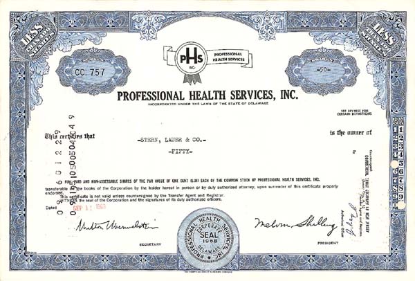 Professional Health Services, Inc - Stock Certificate