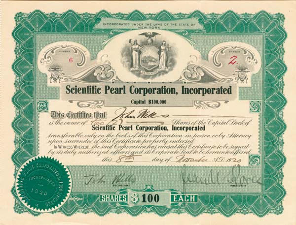 Scientific Pearl Corporation Inc - Stock Certificate