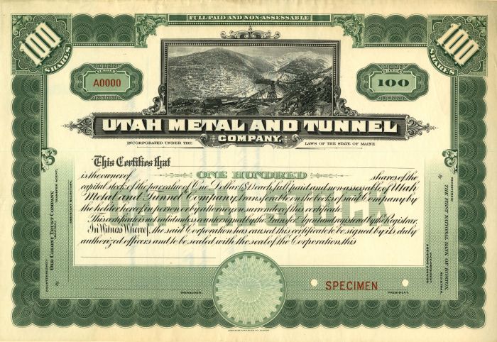 Utah Metal and Tunnel Co. - Stock Certificate