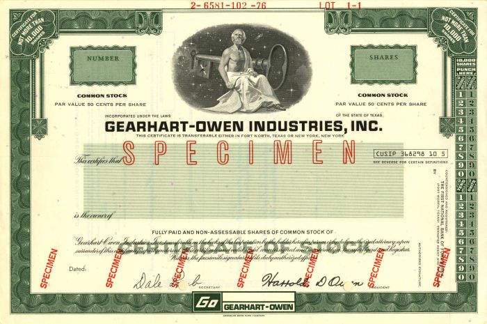 Gearhart-Owen Industries, Inc. - Specimen Stock Certificate