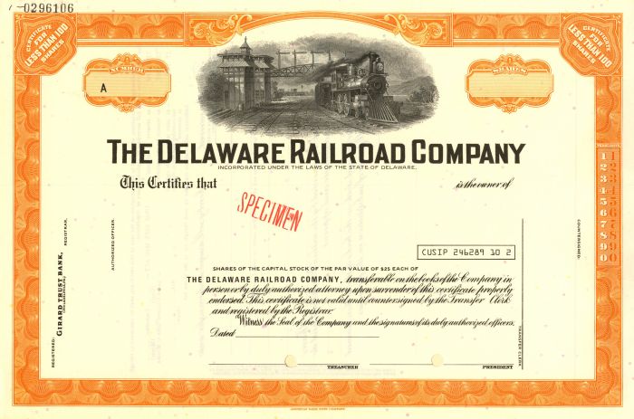 Delaware Railroad Co. - Specimen Stock Certificate