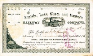 Seattle, Lake Shore and Eastern Railway Co. - Railroad Stock Certificate - Branch Line of the Northern Pacific Railroad