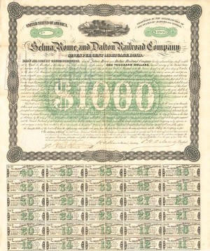 Selma, Rome, and Dalton Railroad Co. - $1,000 Uncancelled Bond (Uncanceled)