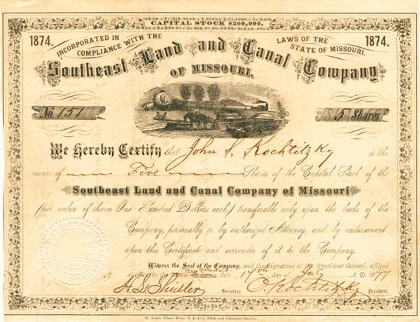 Southeast Land and Canal Co. of Missouri - Stock Certificate