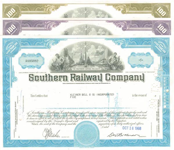 Southern Railway Set of 3 - Three Stock Certificates