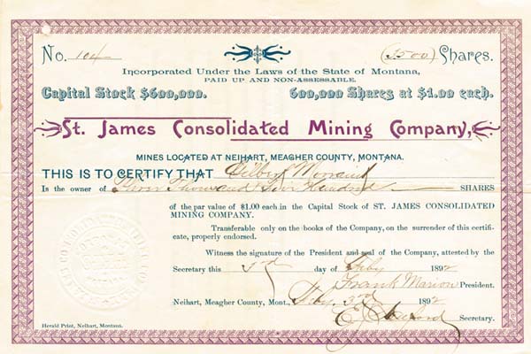 St. James Consolidated Mining Co. - Stock Certificate