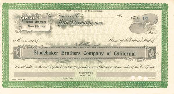 Studebaker Brothers Co. of California - Stock Certificate