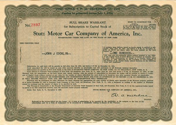 Stutz Motor Car Co. of America, Inc. - Stock Certificate