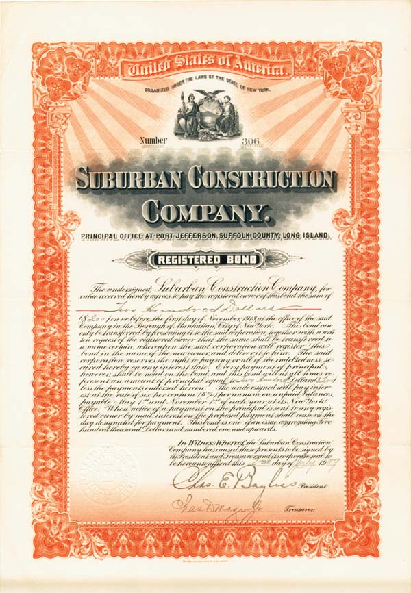 Suburban Construction Co. - 1909 dated Uncanceled New York Bond