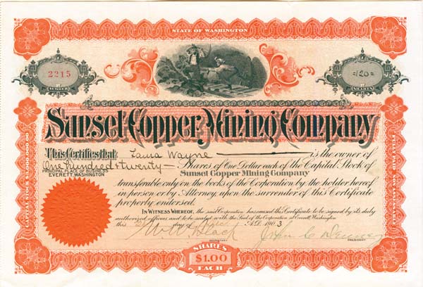 Sunset Copper Mining Co. - Stock Certificate