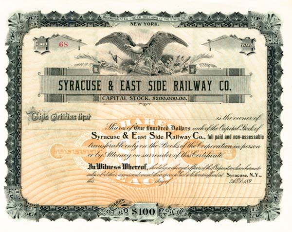 Syracuse and East Side Railway - Stock Certificate