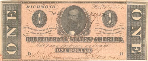 Confederate $1 Note - Obsolete Banknote - Confederate States of America