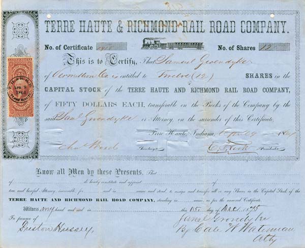 Terre Haute and Richmond Railroad - Stock Certificate