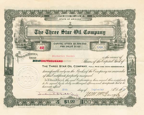 Three Star Oil Co. - Stock Certificate