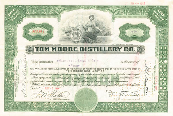 Tom Moore Distillery Co - Stock Certificate