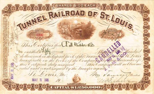 Tunnel Railroad of St Louis - Stock Certificate