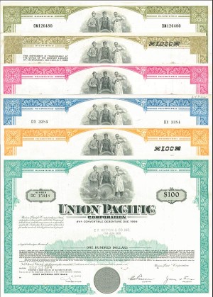 Collection of 6 Different Colors - Union Pacific Corporation - 1960's-70's dated Bonds - Six Different Bonds