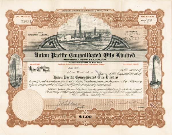 Union Pacific Consolidated Oils Limited - Stock Certificate