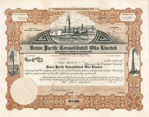 Union Pacific Consolidated Oils Limited - 1915-1918 dated Stock Certificate