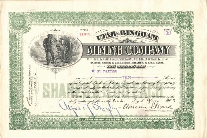 Utah-Bingham Mining Co. - Stock Certificate