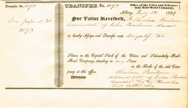 Utica and Schenectady Railroad - Stock Certificate