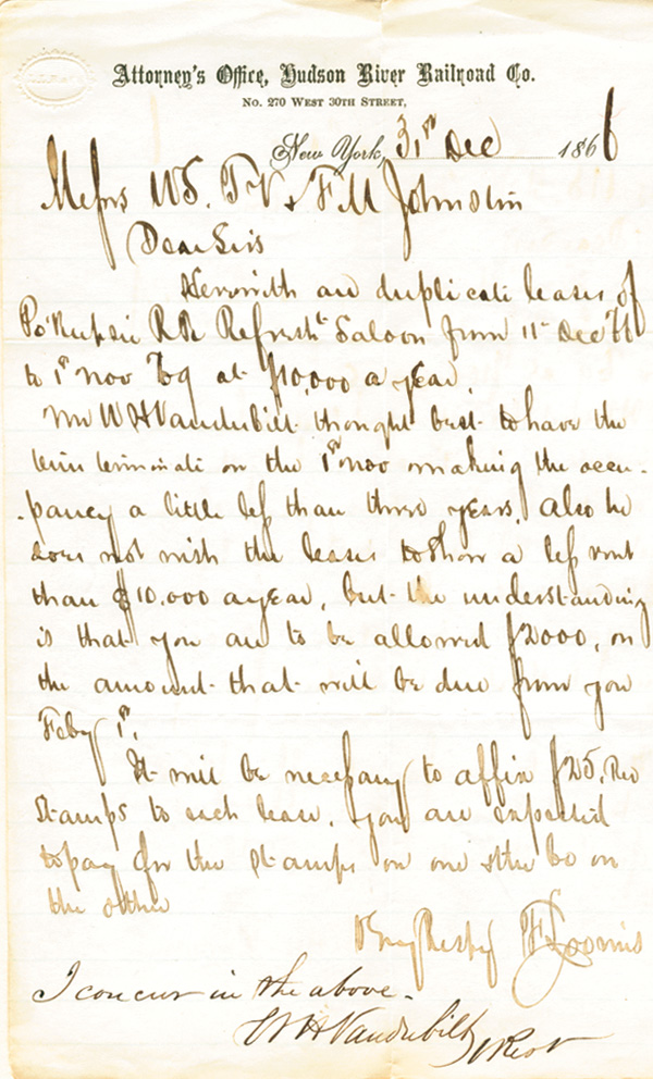 W. H. Vanderbilt signed Letter