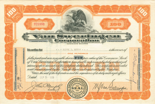 Van Sweringen Corporation - Stock Certificate