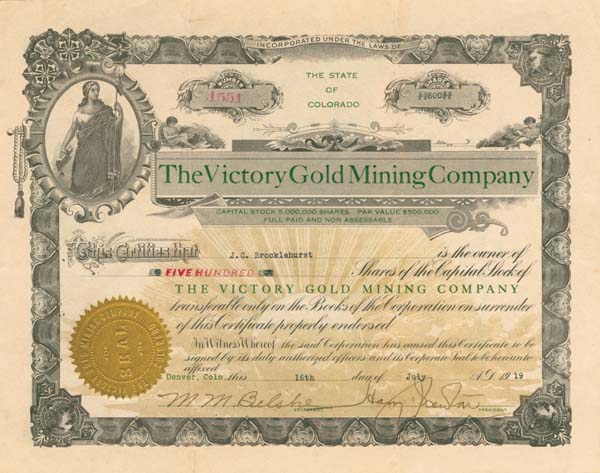 Victory Gold Mining Co. - Stock Certificate