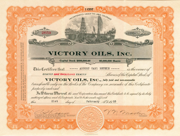 Victory Oils, Inc - Stock Certificate