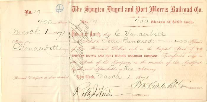 Spuyten Duyvil and Port Morris Railroad Co. signed by Wm. H. Vanderbilt