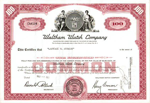 Waltham Watch Co. - Stock Certificate