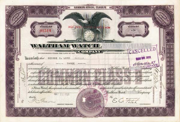 Waltham Watch Co. - Stock Certificate