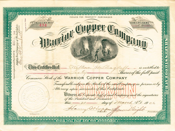 Warrior Copper Co. - Stock Certificate