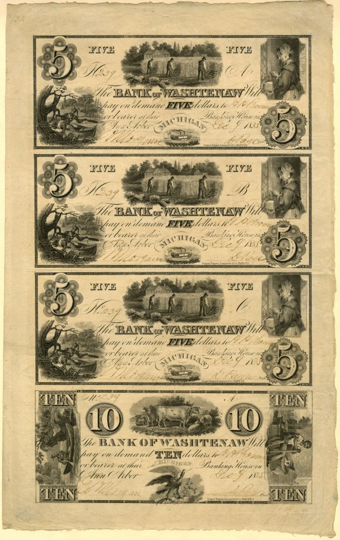 Millers Bank of Washtenaw - Uncut Obsolete Sheet - Broken Bank Notes - Washtenaw County, Michigan