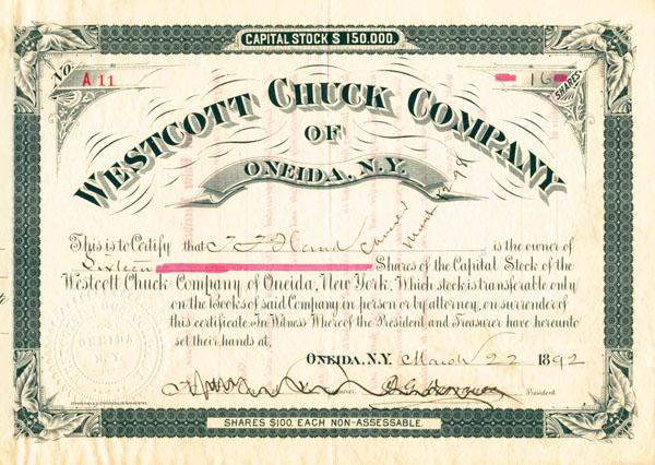 Westcott Chuck Co. of Oneida, N.Y. - Stock Certificate