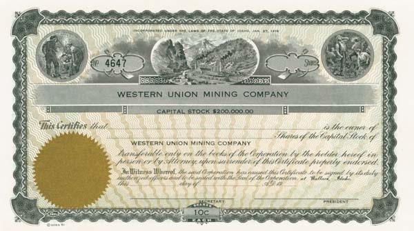 Western Union Mining Co. - Stock Certificate