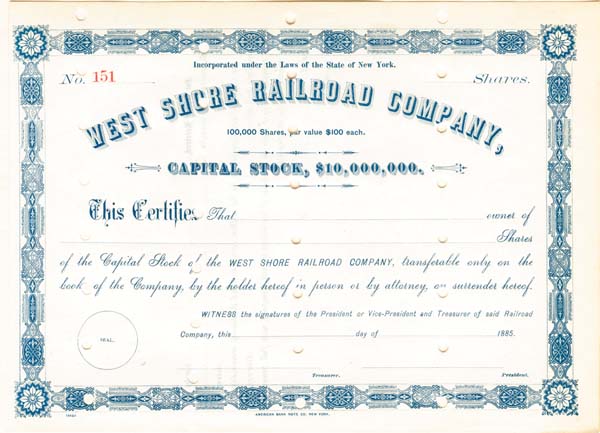 West Shore Railroad - Unissued Stock Certificate