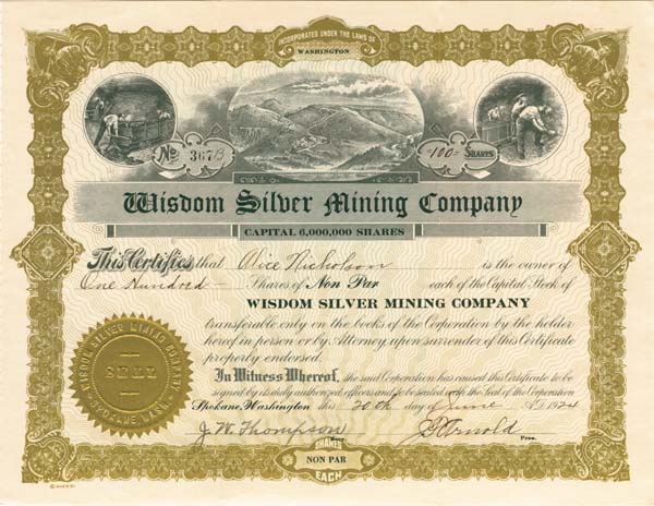 Wisdom Silver Mining Co. - Stock Certificate