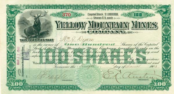 Yellow Mountain Mines Co. - Stock Certificate