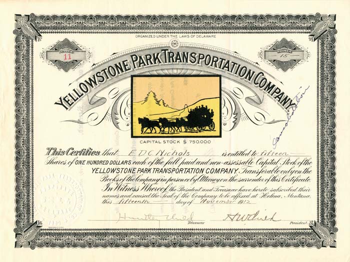 Yellowstone Park Transportation Co. - Stock Certificate